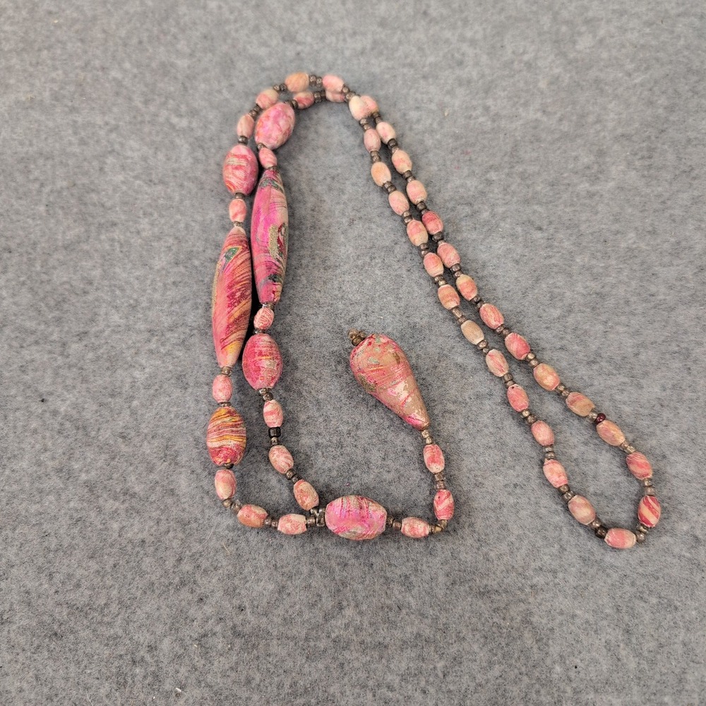 Handmade Beaded Necklace Pink Marbled Drop Pendant Y Necklace - Picture 3 of 6